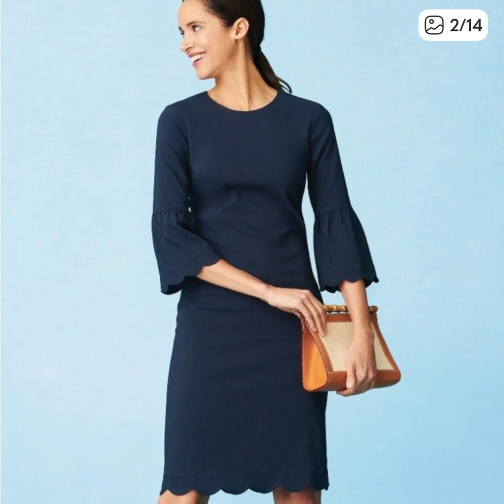 J.McLaughlin “Elle” Navy 3/4 Bell Sleeve Dress Scalloped Hem - Picture 3 of 11